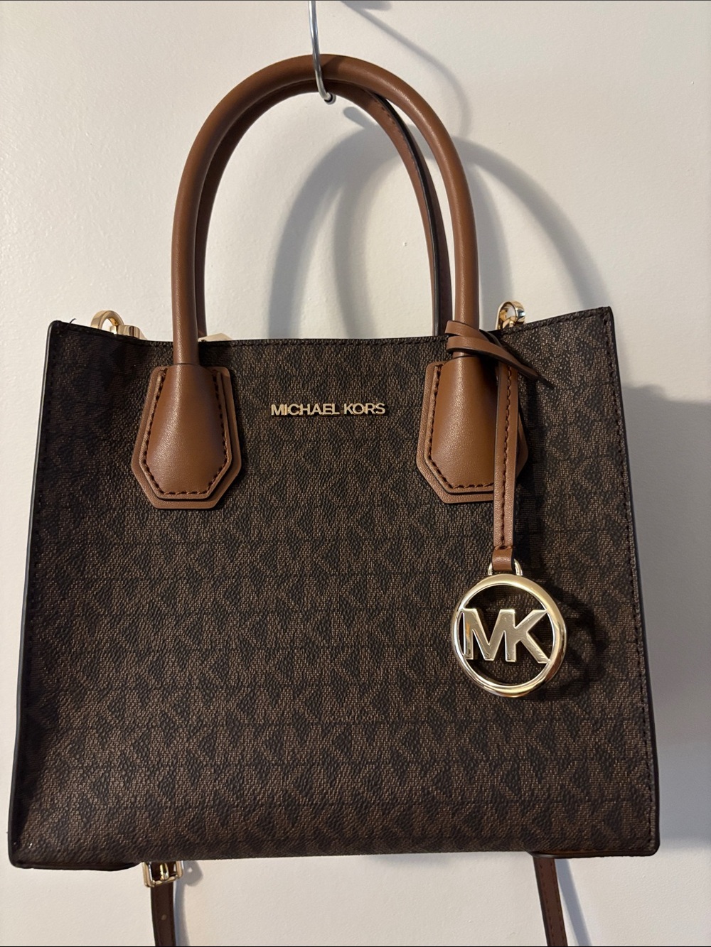 Michael Kors medium Mercer Brown Logo Tote with Gold MK Charm